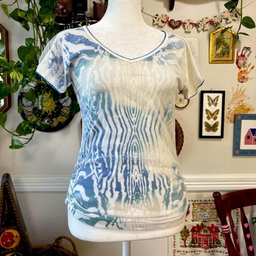 Vtg Y2K‎ Mesh Layered Ruched Animal Print Baby Tee Fitted Shirt Rhinestones